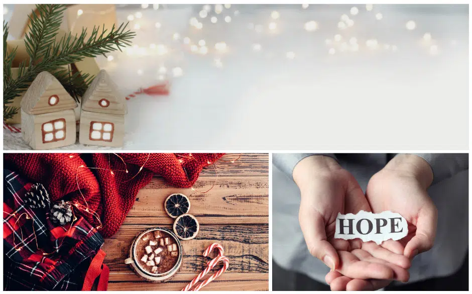 Holiday collage with wooden house ornaments, a cozy hot chocolate scene, and hands holding a paper that says “HOPE.”
